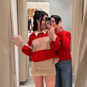 Mango Striped polo-neck sweater - Red